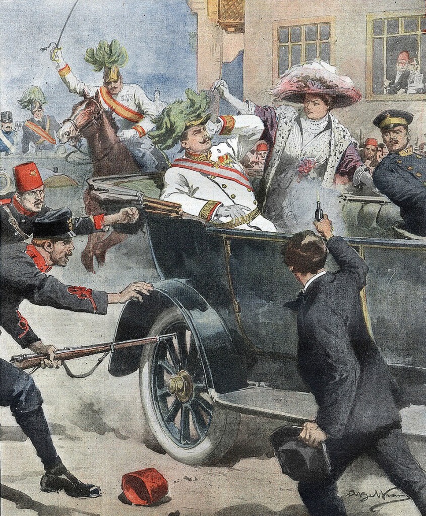 Illustration des Attentats von Sarajevo, bei dem der Thronfolger Österreich-Ungarns, Franz Ferdinand ermordet und damit der erste Weltkrieg ausgelöst wurde.