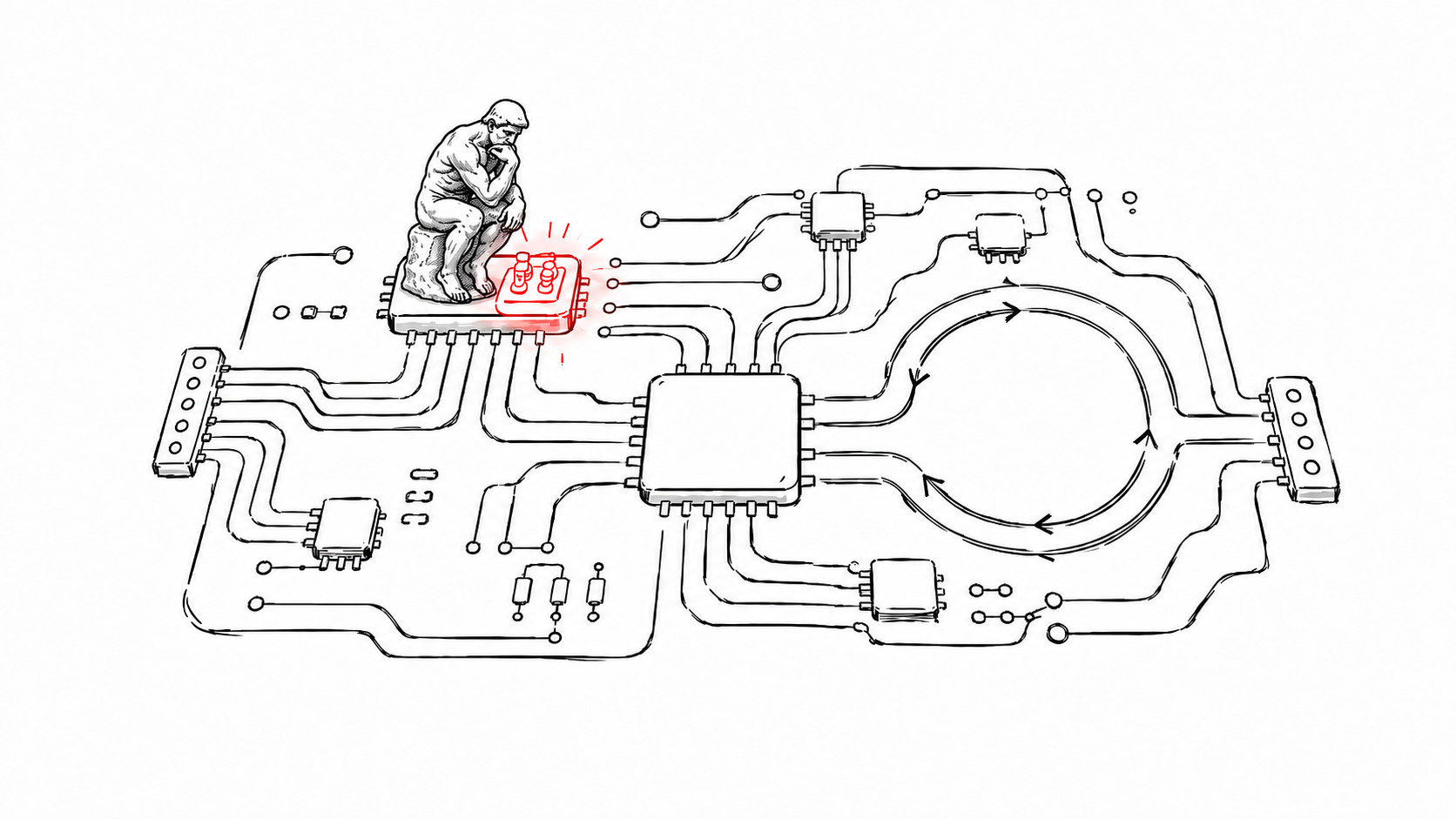 Auf einer technischen Komponente eines Schaltplans sitzt ein nachdenklicher Mensch vor einer Reihe roter Hebel und Knöpfe.